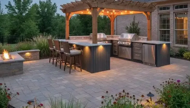 Paver patio with an outdoor kitchen, bar seating, a fire feature and a wood pergola with string lights at dusk