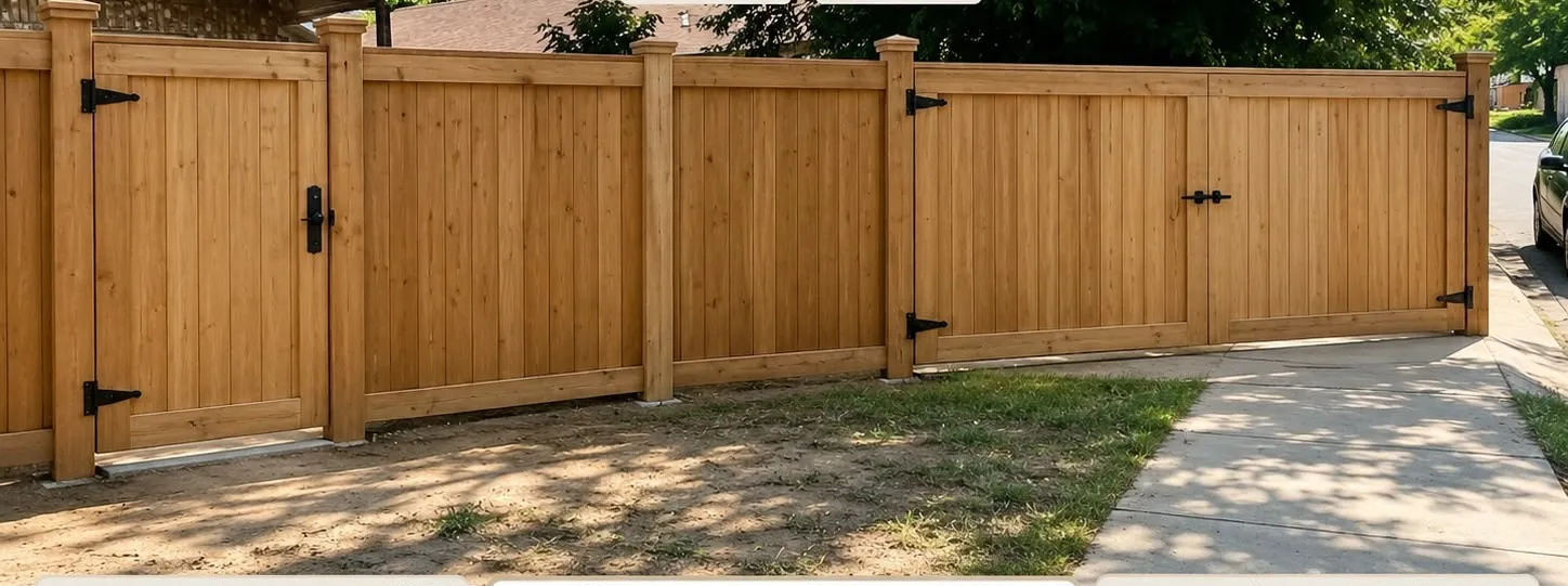 Natural wood privacy fence with capped posts, a single gate and a double gate with black hinges and latches