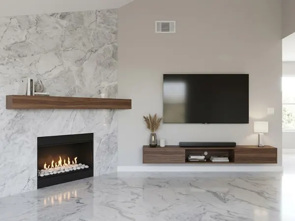 Marble-look fireplace wall with a walnut floating mantel beside a wall-mounted TV and a walnut floating console