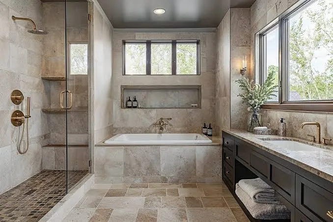 Stone-tile bathroom with a glass walk-in shower, a built-in tub under a window and a dark wood double vanity