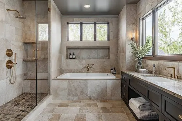 Stone-tile bathroom with a glass walk-in shower, a built-in tub under a window and a dark wood double vanity