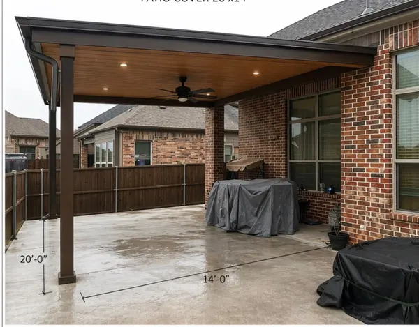Design visualization of a 20 by 14 foot patio cover with dark posts, a wood-tone ceiling, recessed lights and a ceiling fan